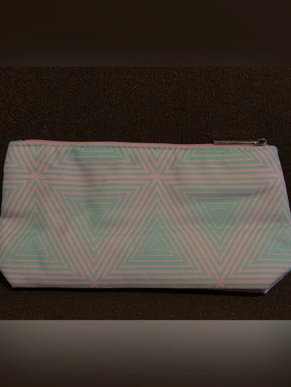 NWOT Clinique Geometric Triangle Pattern Zip Pouch - Pink & Mint. 9”W x 4.5”H.